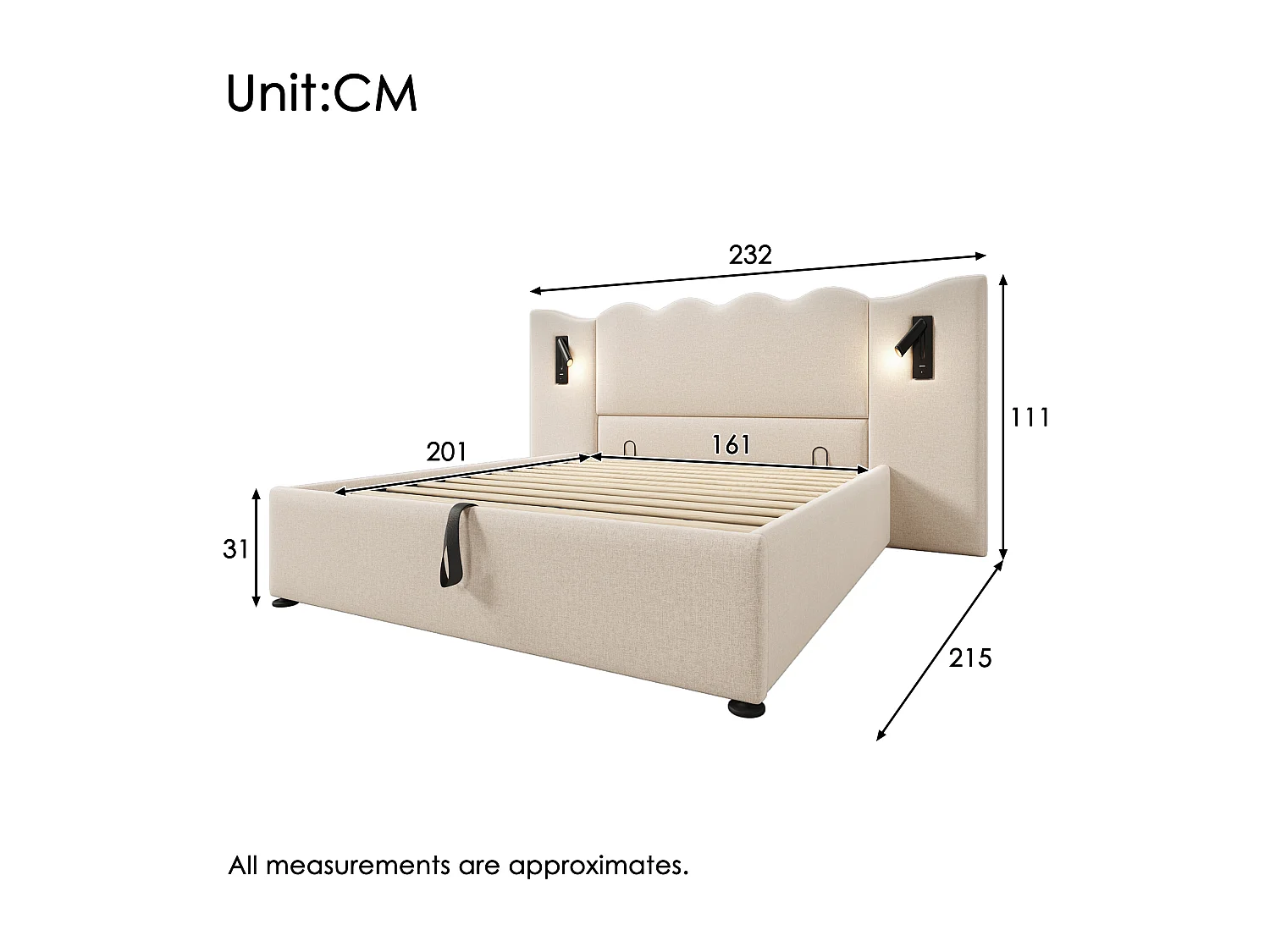 Lit double avec rangement, lampe tactile et ports USB Type-C, cadre en lin beige, bois massif et métal (232x215x111cm)