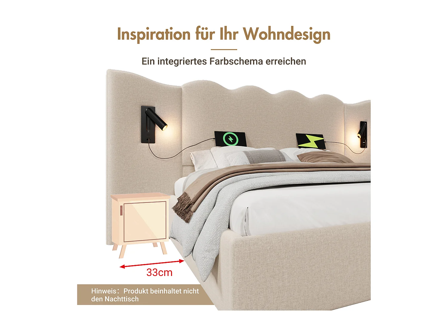 Lit double avec rangement, lampe tactile et ports USB Type-C, cadre en lin beige, bois massif et métal (232x215x111cm)