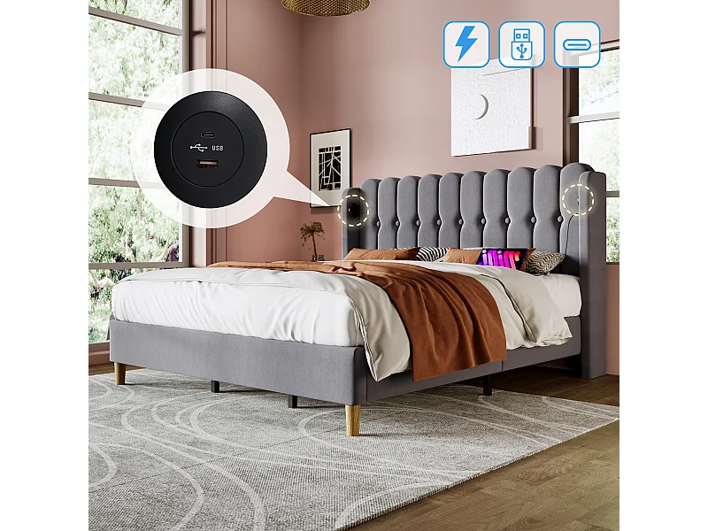 Lit double avec fonction charge USB Type C, cadre en lin gris, sommier bois, 180x208x103cm