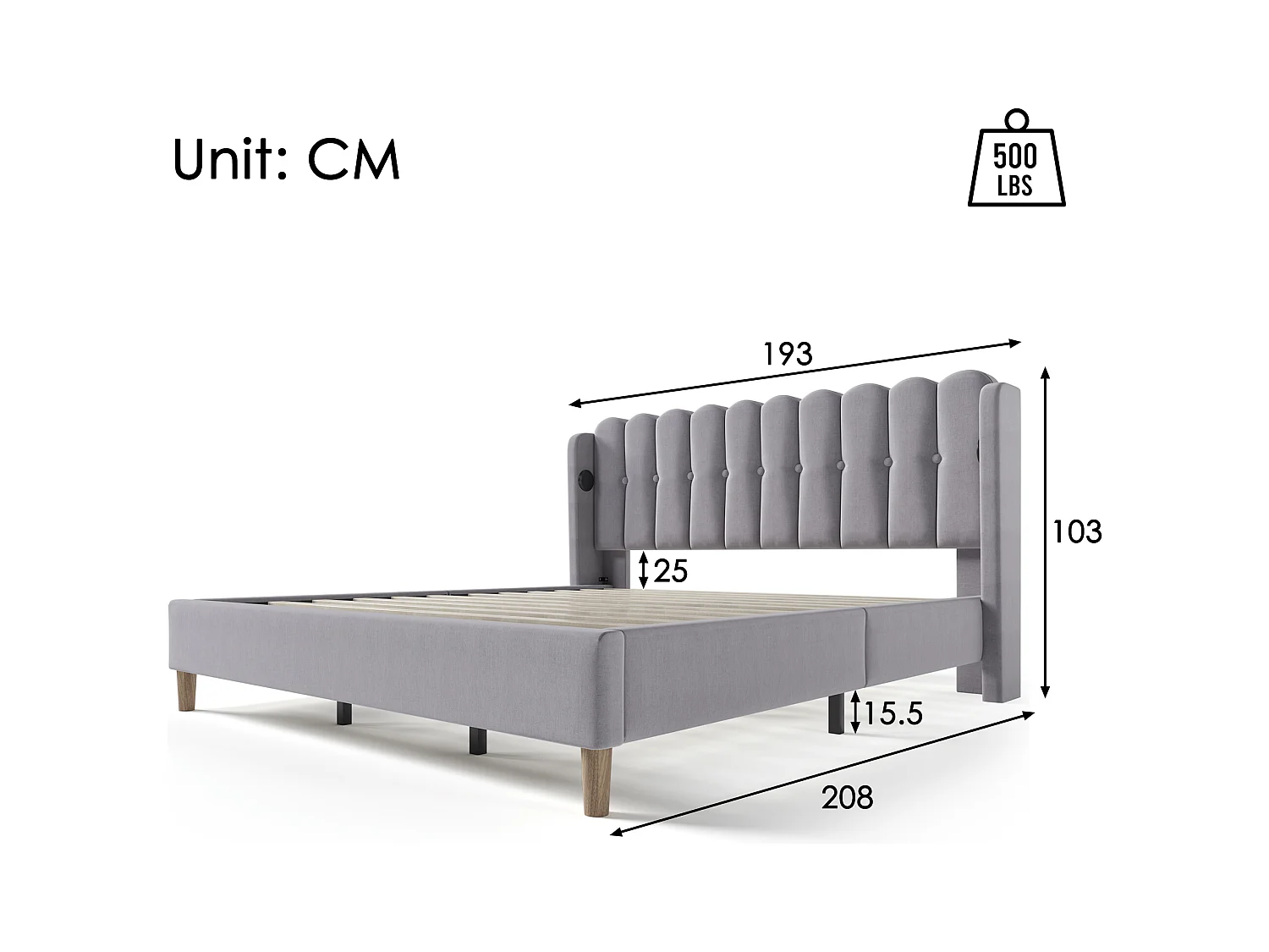 Lit double avec fonction charge USB Type C, cadre en lin gris, sommier bois, 180x208x103cm