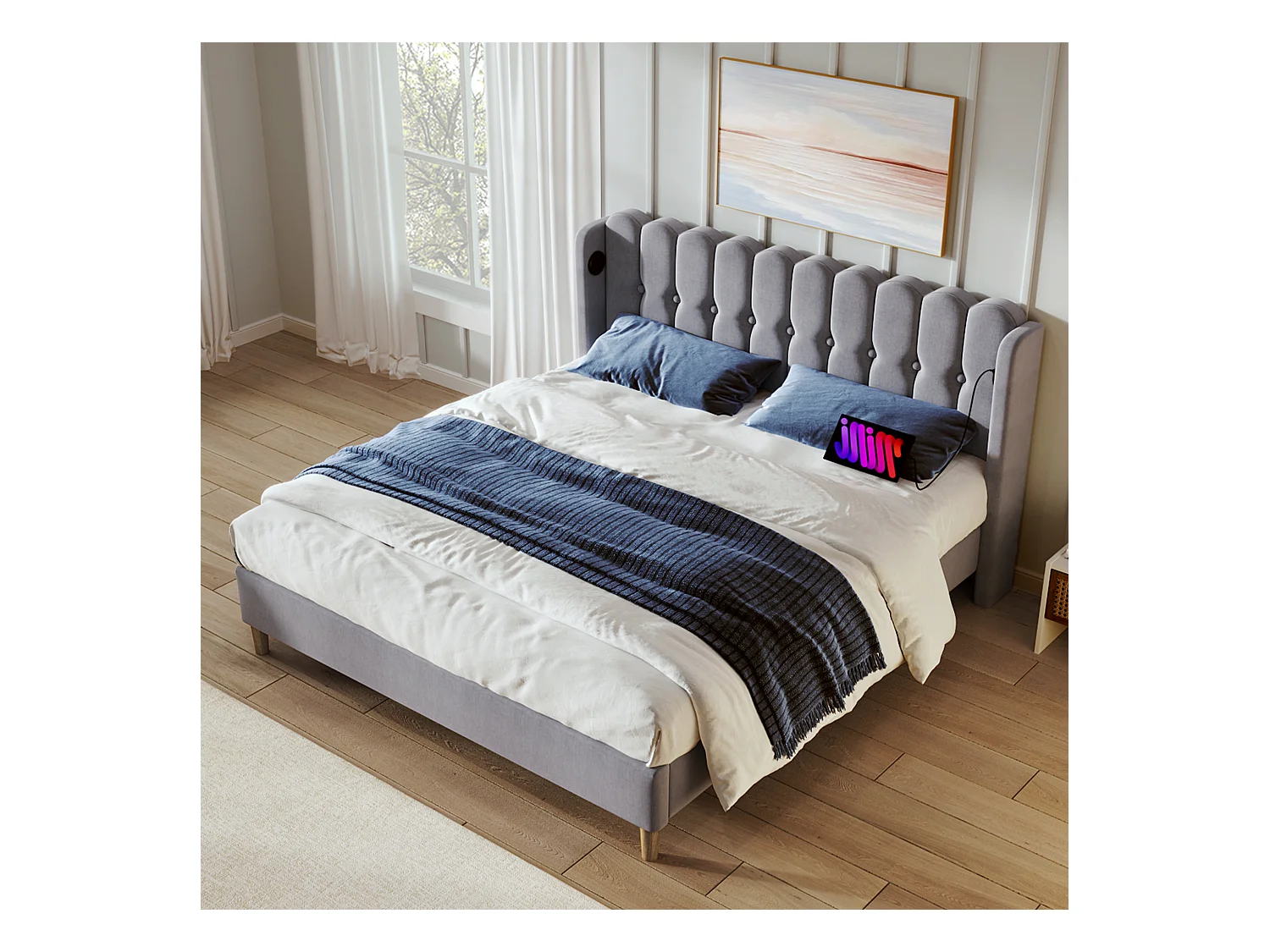 Lit double avec fonction charge USB Type C, cadre en lin gris, sommier bois, 180x208x103cm