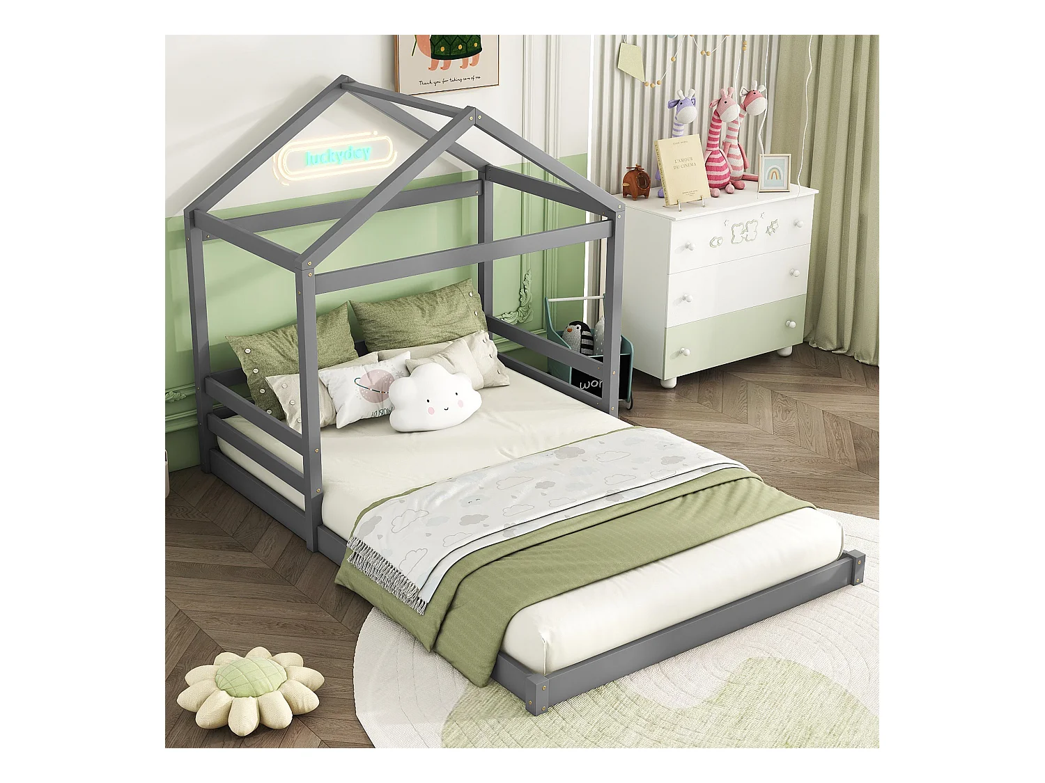 Lit cabane enfant, style minimaliste, pin massif, gris (206x149x160 cm)