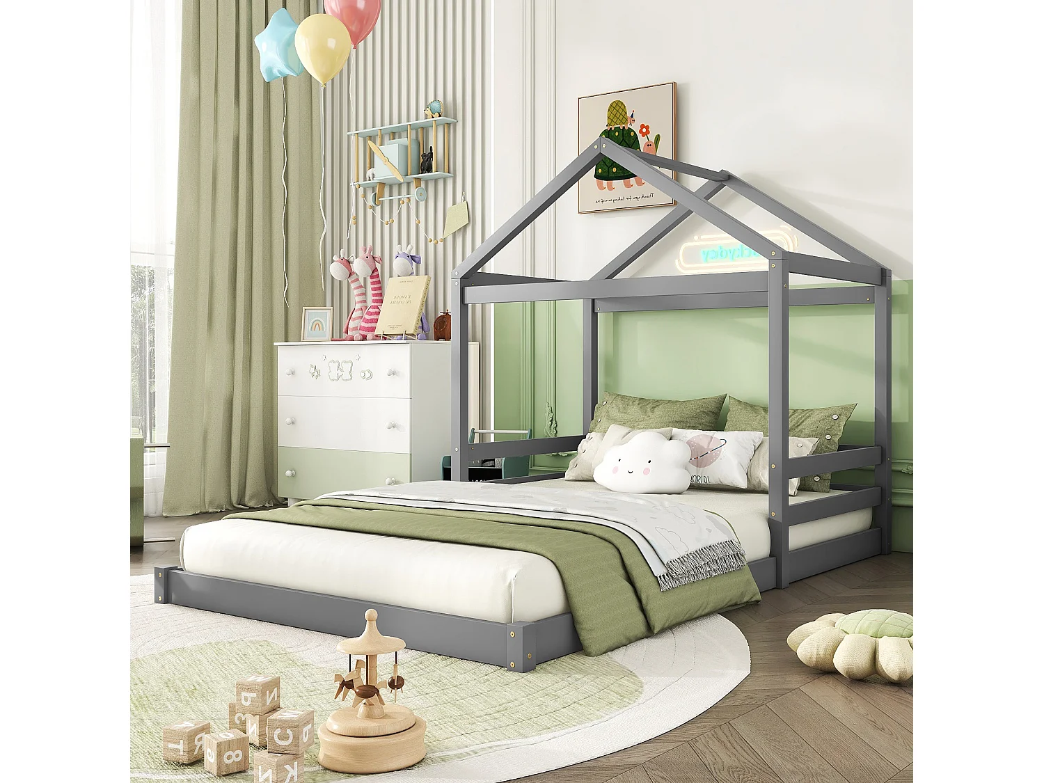 Lit cabane enfant, style minimaliste, pin massif, gris (206x149x160 cm)