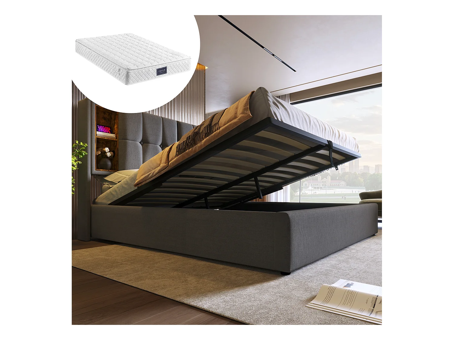 Lit double 140x200, avec charge sans fil, USB-C, LED RGB, cadre en velours, avec 4 tiroirs, gris (223x144x106 cm)