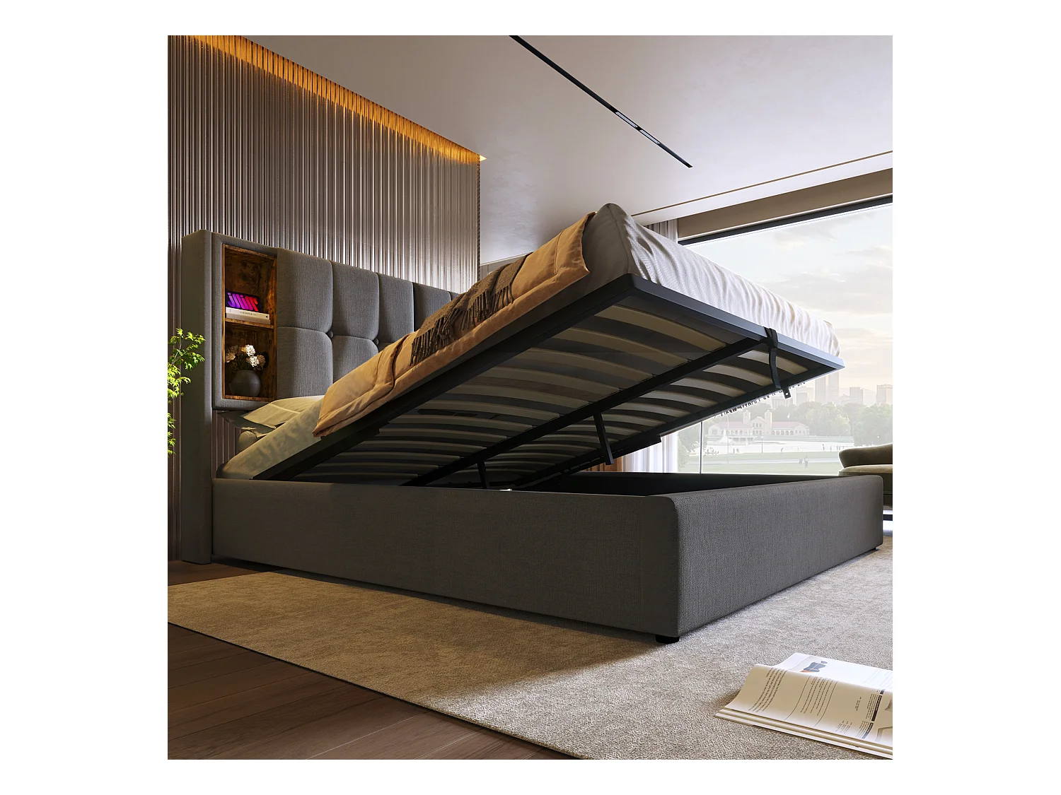 Lit double 140x200, avec charge sans fil, USB-C, LED RGB, cadre en velours, avec 4 tiroirs, gris (223x144x106 cm)