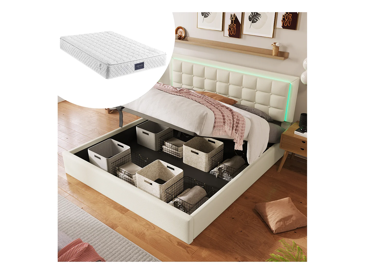 Lit avec rangement hydraulique, tête de lit réglable, 140x200 cm, en lin beige, avec sommier à lattes en bois (Dimensions : 214.5x153x113 cm)