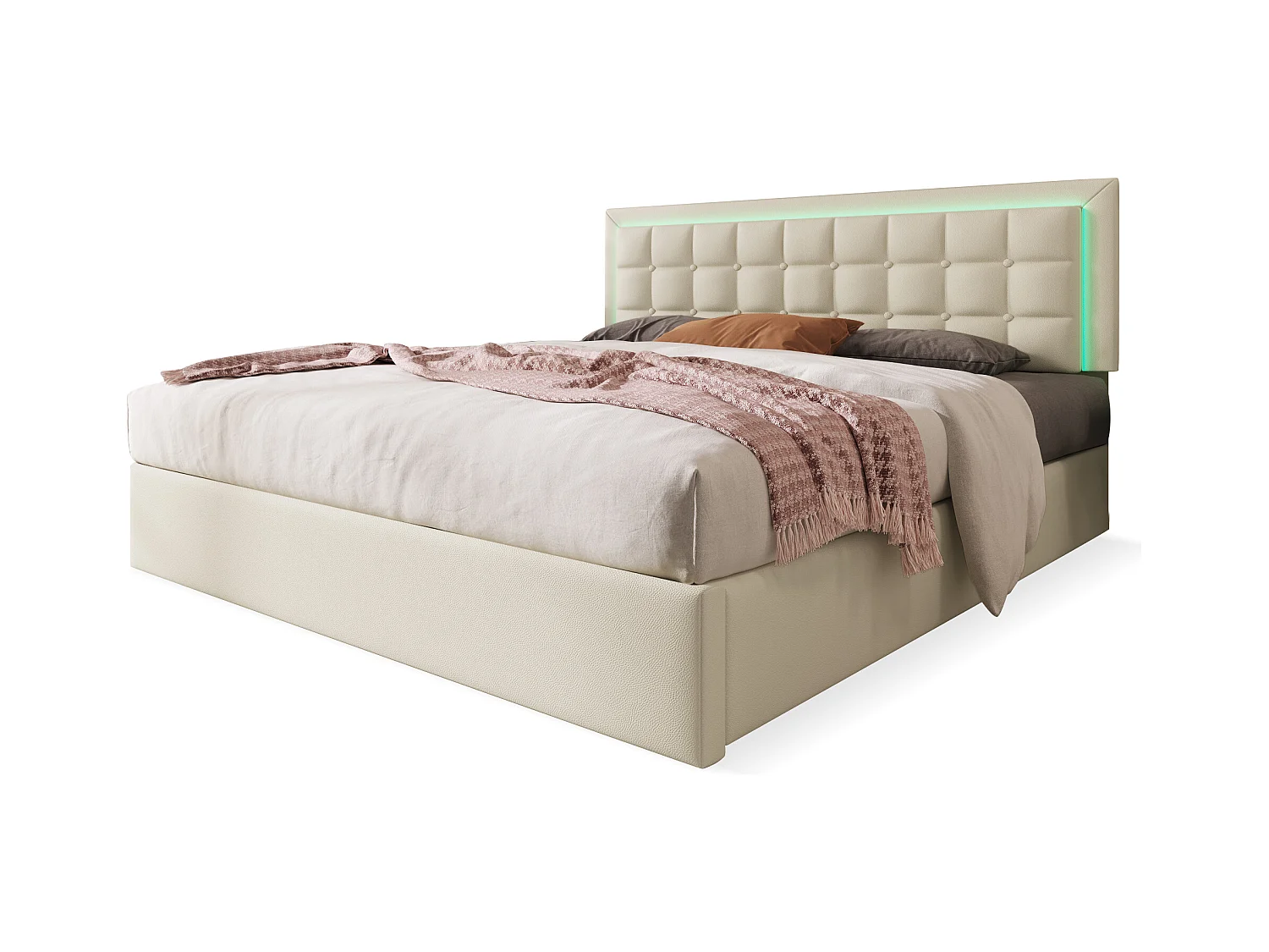 Lit avec rangement hydraulique, tête de lit réglable, 140x200 cm, en lin beige, avec sommier à lattes en bois (Dimensions : 214.5x153x113 cm)