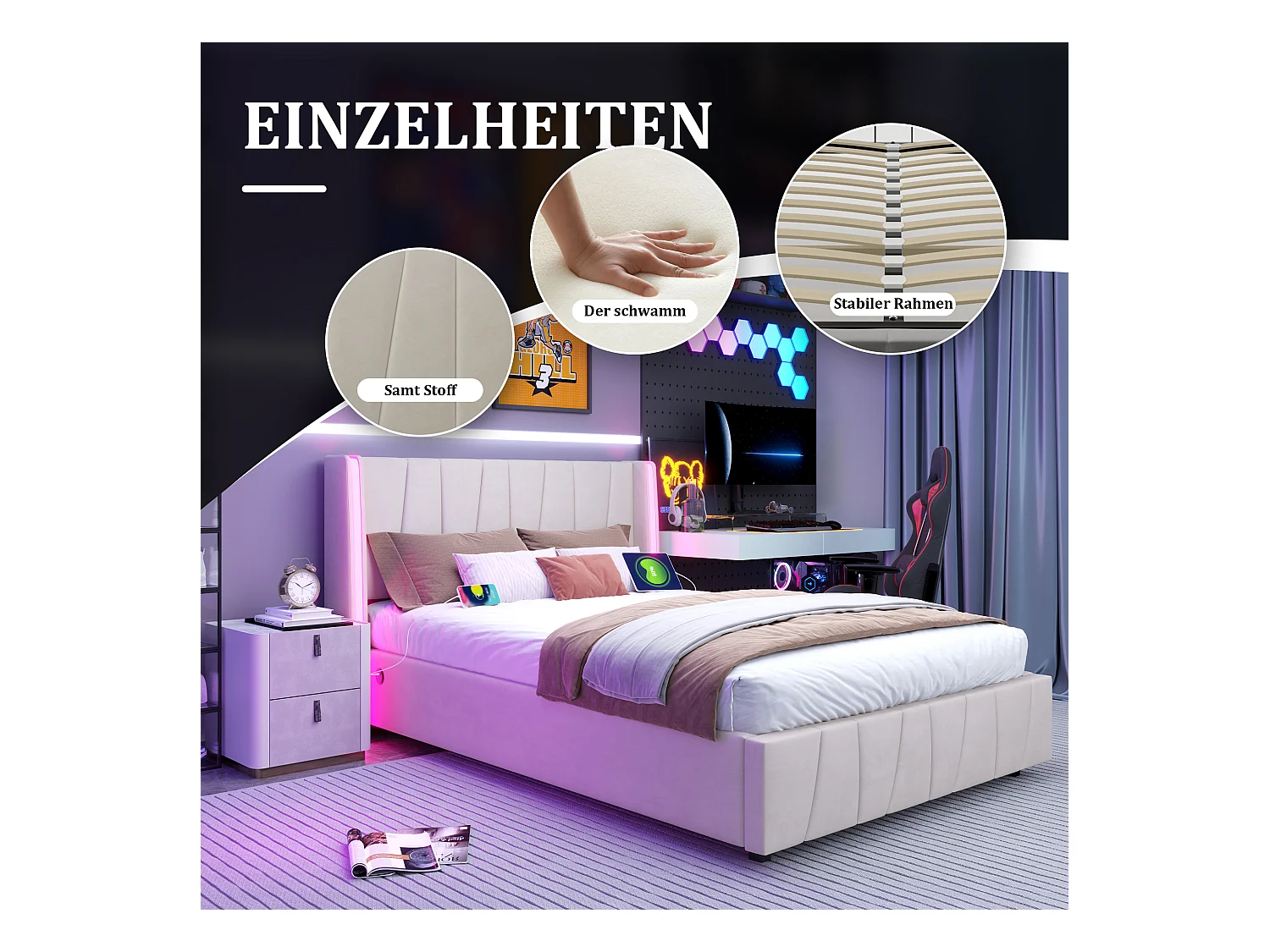 Cadre de lit moderne 140x200 cm, avec ports USB, éclairage LED et grand espace de rangement sous le lit, velours beige (140x200 cm)