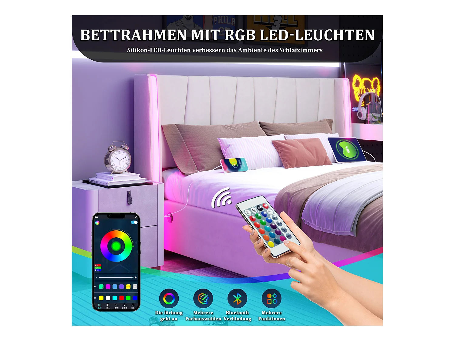 Cadre de lit moderne 140x200 cm, avec ports USB, éclairage LED et grand espace de rangement sous le lit, velours beige (140x200 cm)