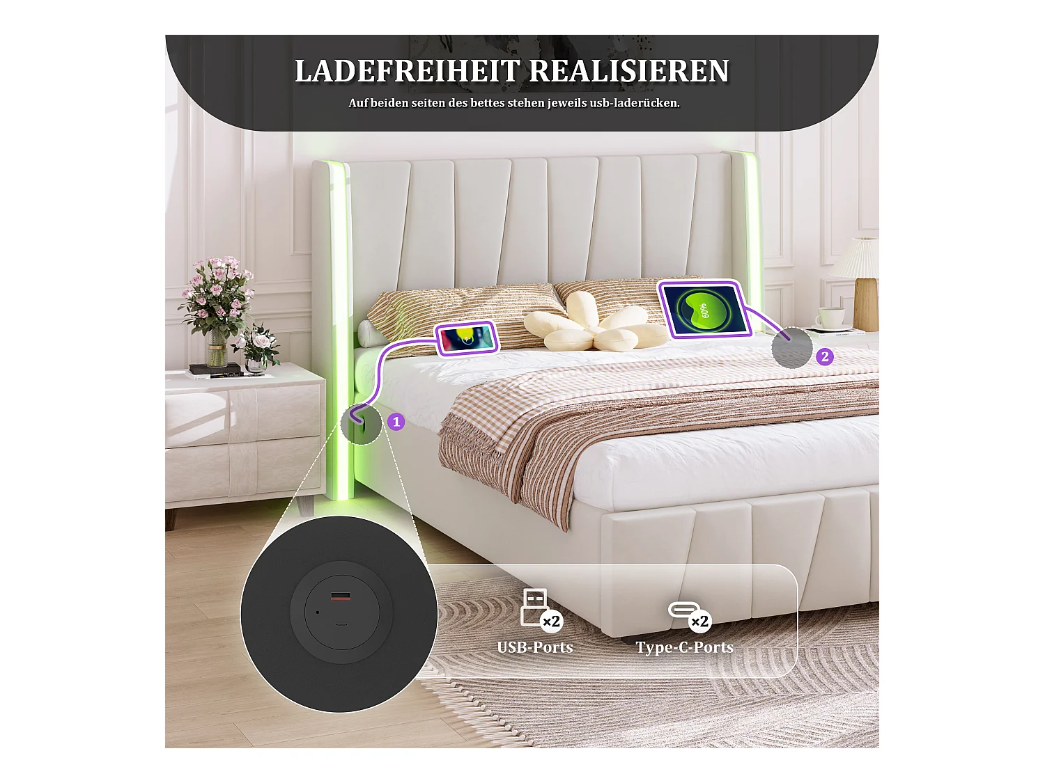 Cadre de lit moderne 140x200 cm, avec ports USB, éclairage LED et grand espace de rangement sous le lit, velours beige (140x200 cm)