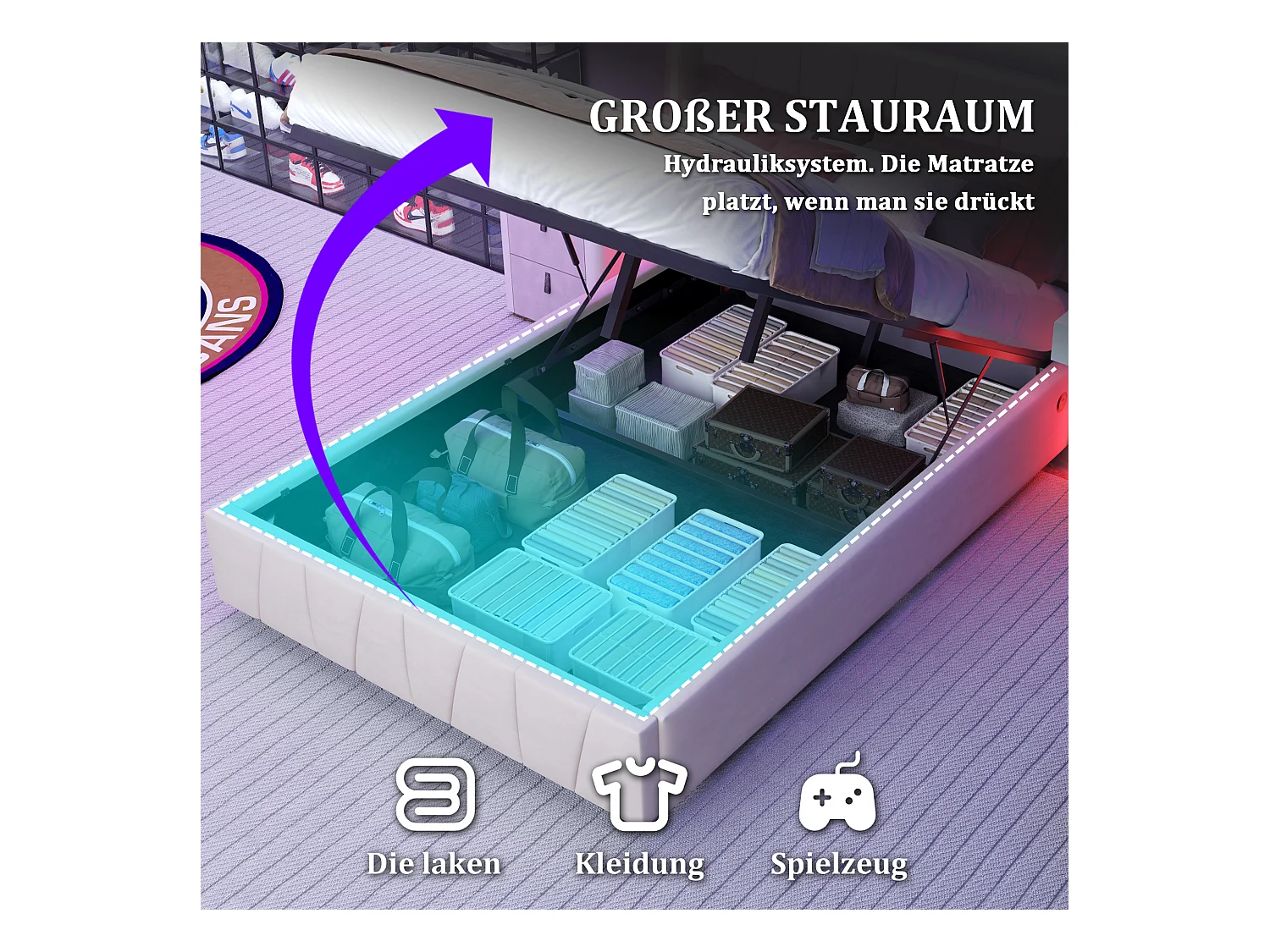 Cadre de lit moderne 140x200 cm, avec ports USB, éclairage LED et grand espace de rangement sous le lit, velours beige (140x200 cm)