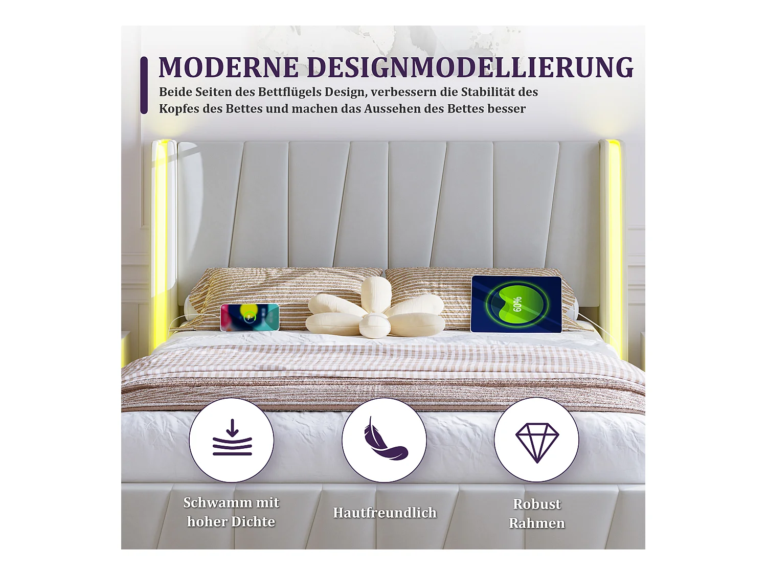 Cadre de lit moderne 140x200 cm, avec ports USB, éclairage LED et grand espace de rangement sous le lit, velours beige (140x200 cm)
