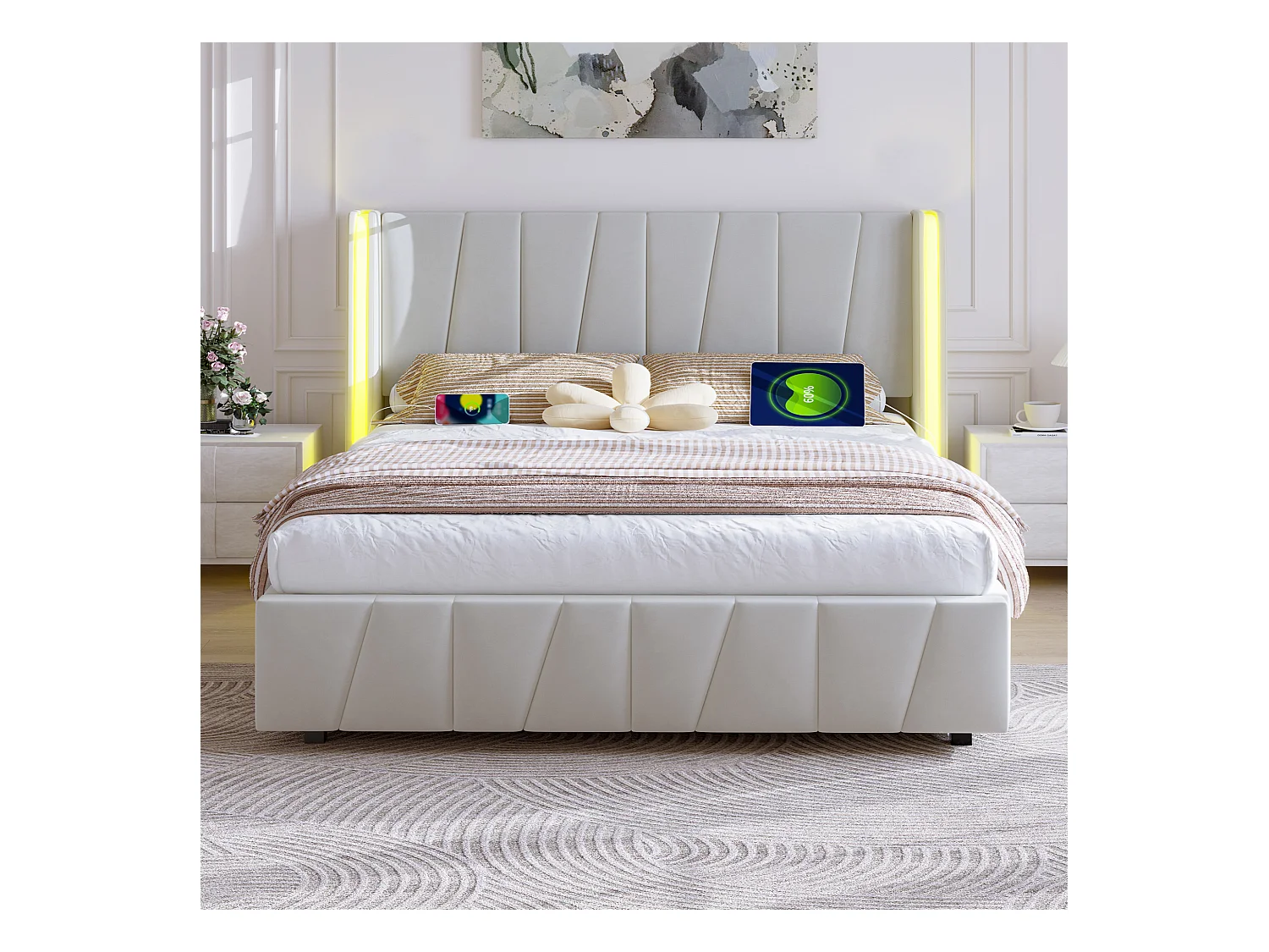 Cadre de lit moderne 140x200 cm, avec ports USB, éclairage LED et grand espace de rangement sous le lit, velours beige (140x200 cm)