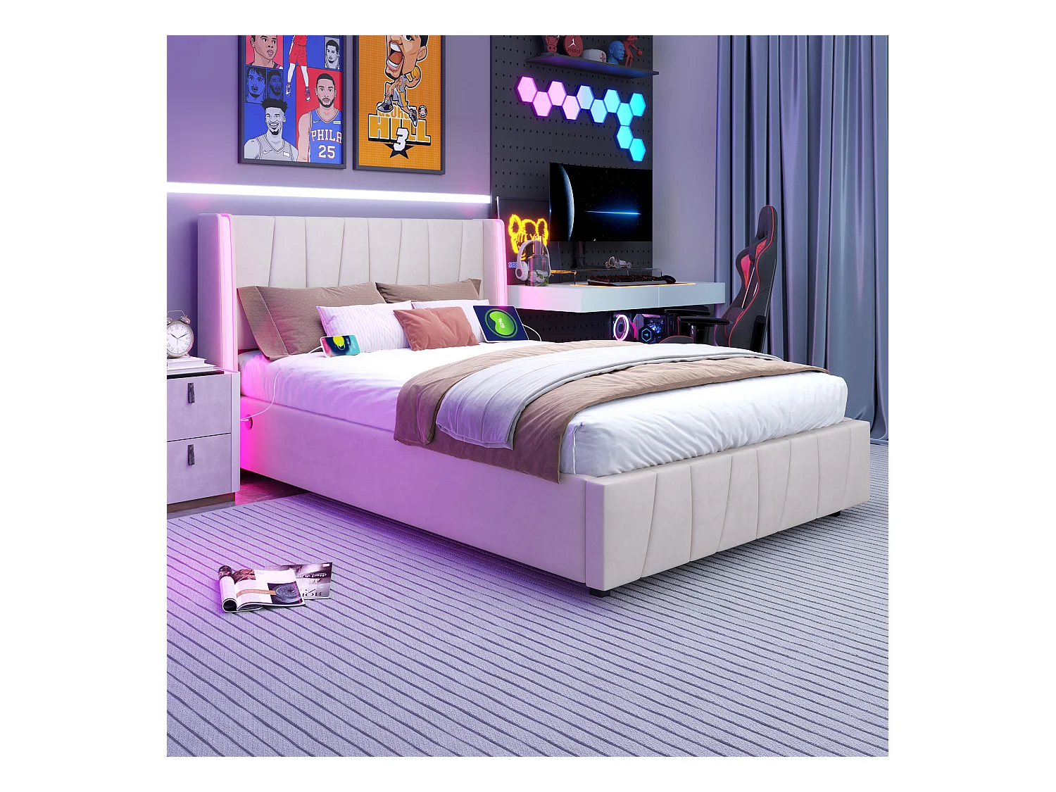 Cadre de lit moderne 140x200 cm, avec ports USB, éclairage LED et grand espace de rangement sous le lit, velours beige (140x200 cm)