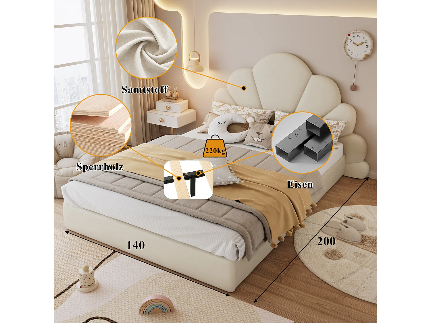 Letto matrimoniale con testiera a forma di fiore, moderno e confortevole, struttura in velluto beige, 140x200 cm (205x187,5x103 cm)