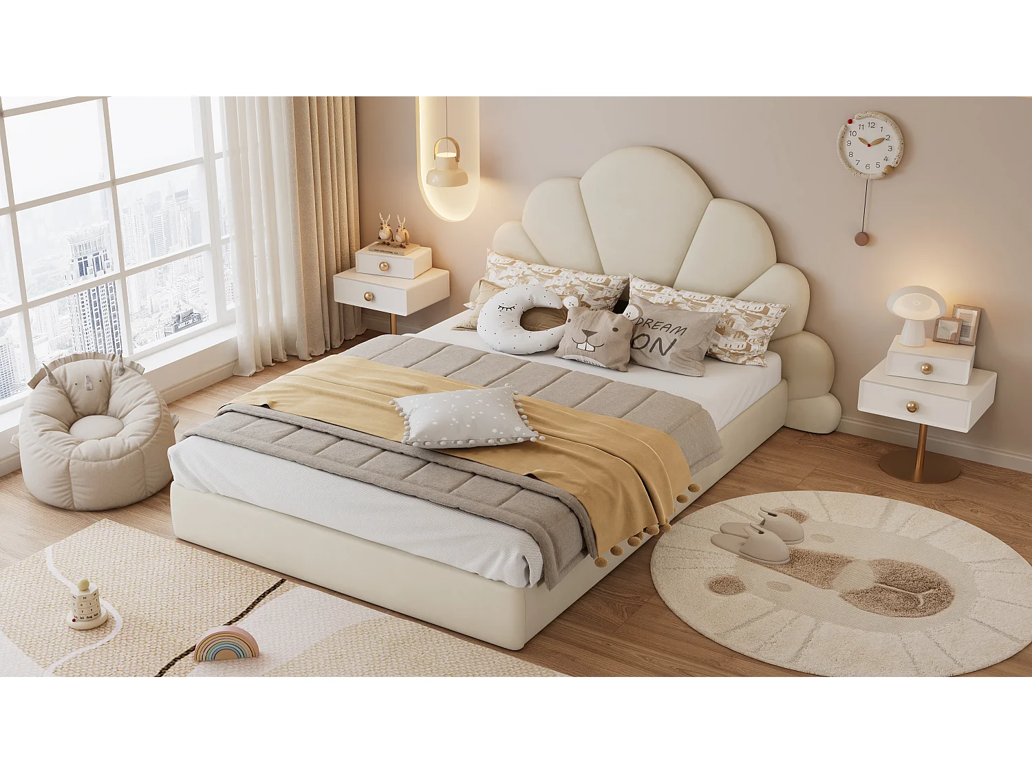 Letto matrimoniale con testiera a forma di fiore, moderno e confortevole, struttura in velluto beige, 140x200 cm (205x187,5x103 cm)