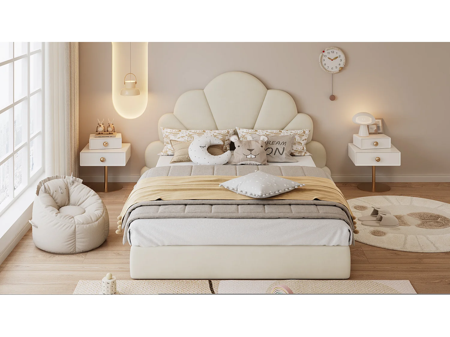 Letto matrimoniale con testiera a forma di fiore, moderno e confortevole, struttura in velluto beige, 140x200 cm (205x187,5x103 cm)