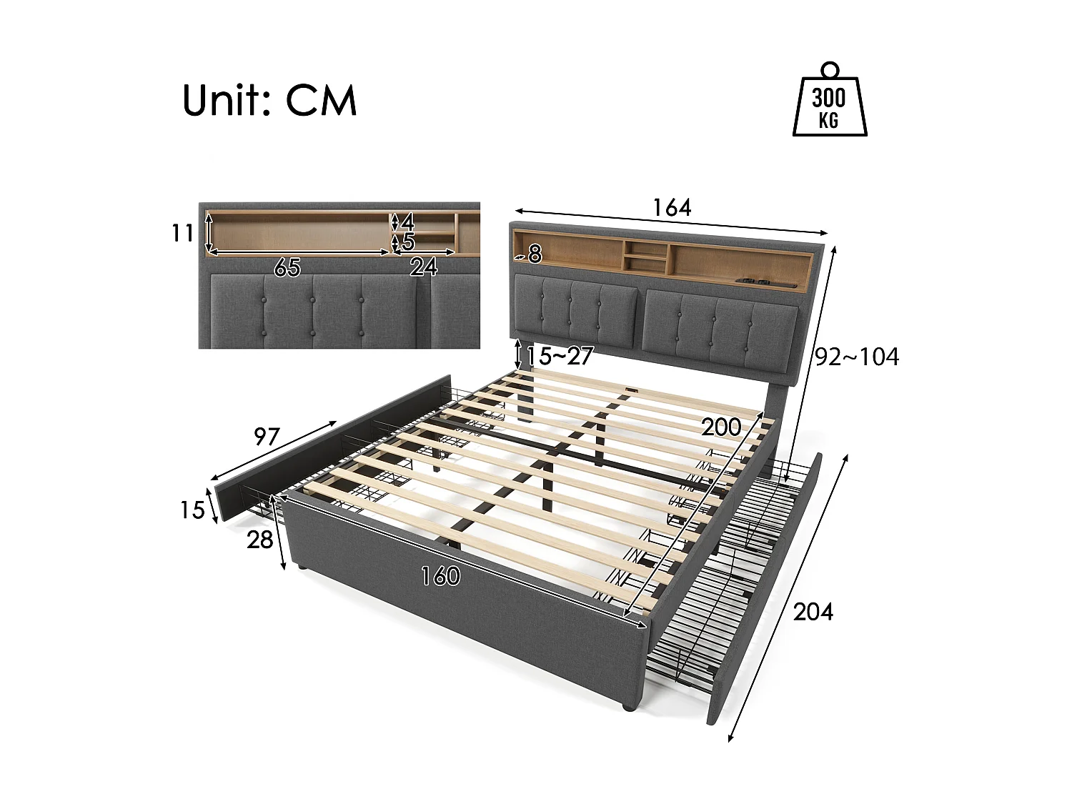 Lit avec 4 tiroirs, USB et C, cadre métallique, tissu en lin, tête de lit réglable 160x200 cm (Dimensions : 163x204x92-104 cm)
