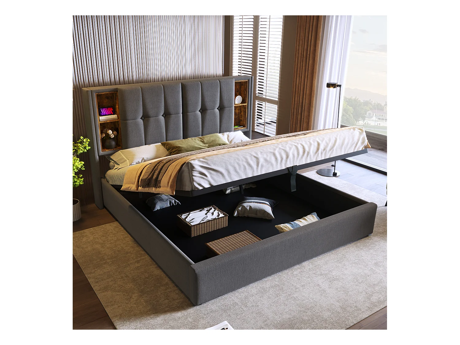 Lit double avec chargeur sans fil USB-C, cadre tapissé coton gris, rangement intégré, 160x200cm (206x165x100.5cm)