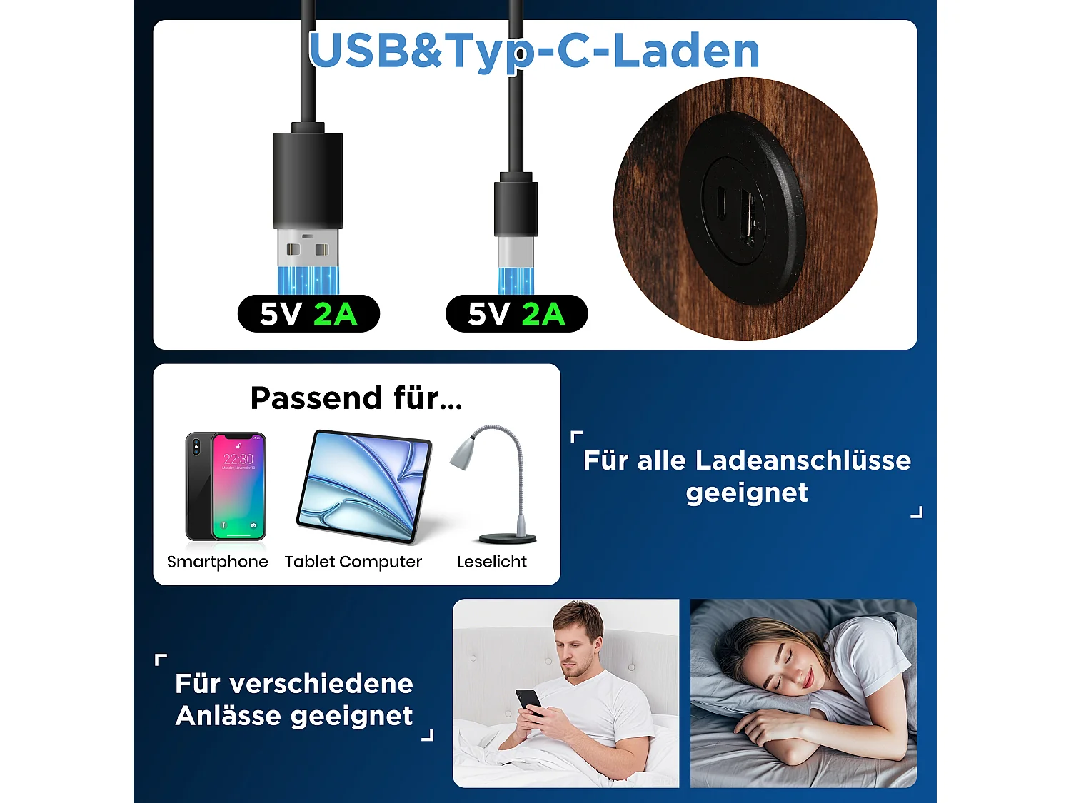 Letto matrimoniale con caricabatterie wireless USB-C, struttura imbottita in cotone grigio, contenitore integrato, 160x200 cm (206x165x100,5 cm)