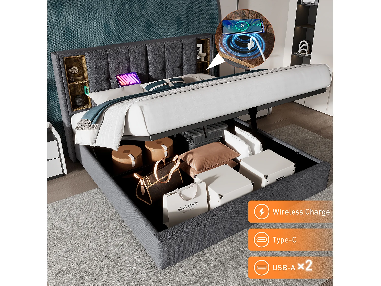 Letto matrimoniale con caricabatterie wireless USB-C, struttura imbottita in cotone grigio, contenitore integrato, 160x200 cm (206x165x100,5 cm)