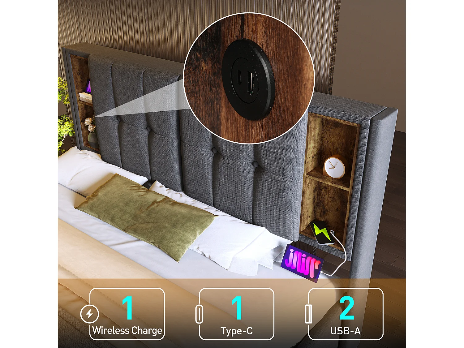 Letto matrimoniale con caricabatterie wireless USB-C, struttura imbottita in cotone grigio, contenitore integrato, 160x200 cm (206x165x100,5 cm)