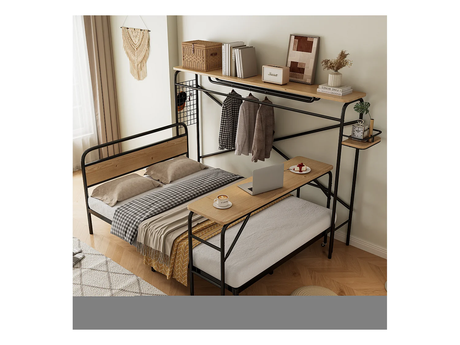 Lit métal, lit plat + table + porte-manteau vertical, table avec roulettes, mobilier complet pour chambre, cadre métallique, MDF, Noir + Nature, 140x200cm