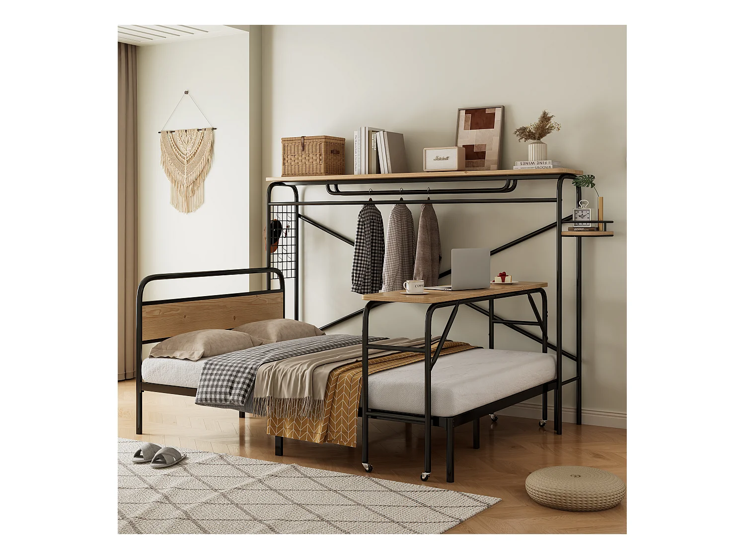 Lit métal, lit plat + table + porte-manteau vertical, table avec roulettes, mobilier complet pour chambre, cadre métallique, MDF, Noir + Nature, 140x200cm