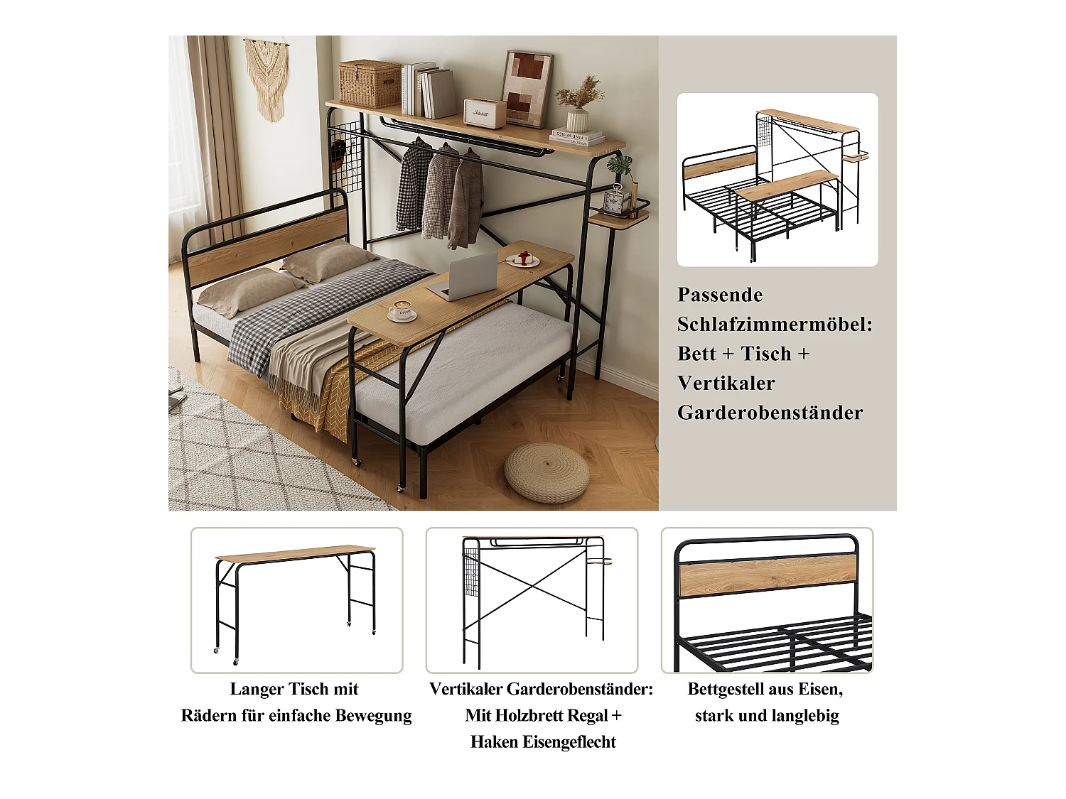 Lit métal, lit plat + table + porte-manteau vertical, table avec roulettes, mobilier complet pour chambre, cadre métallique, MDF, Noir + Nature, 140x200cm