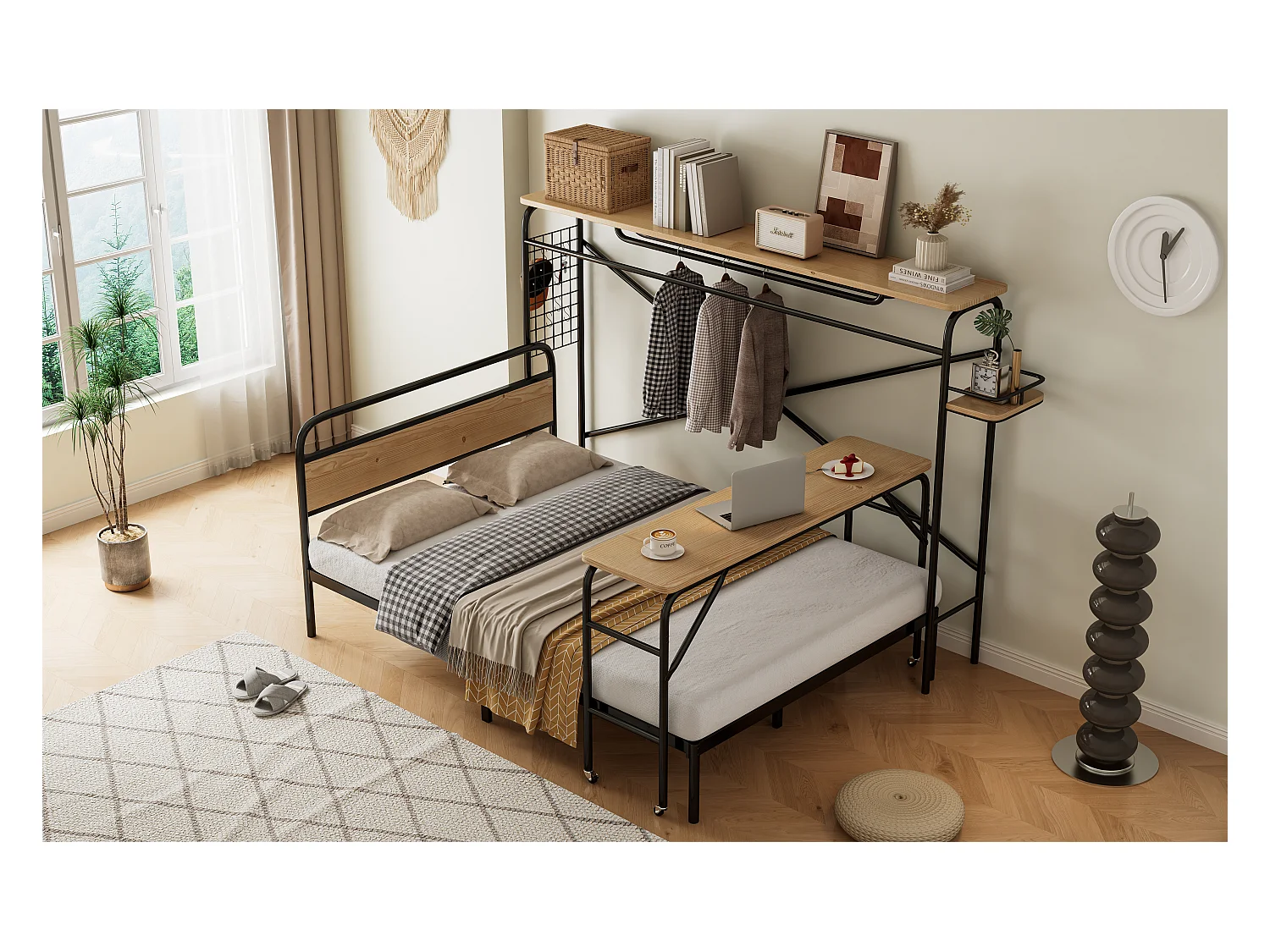 Lit métal, lit plat + table + porte-manteau vertical, table avec roulettes, mobilier complet pour chambre, cadre métallique, MDF, Noir + Nature, 140x200cm