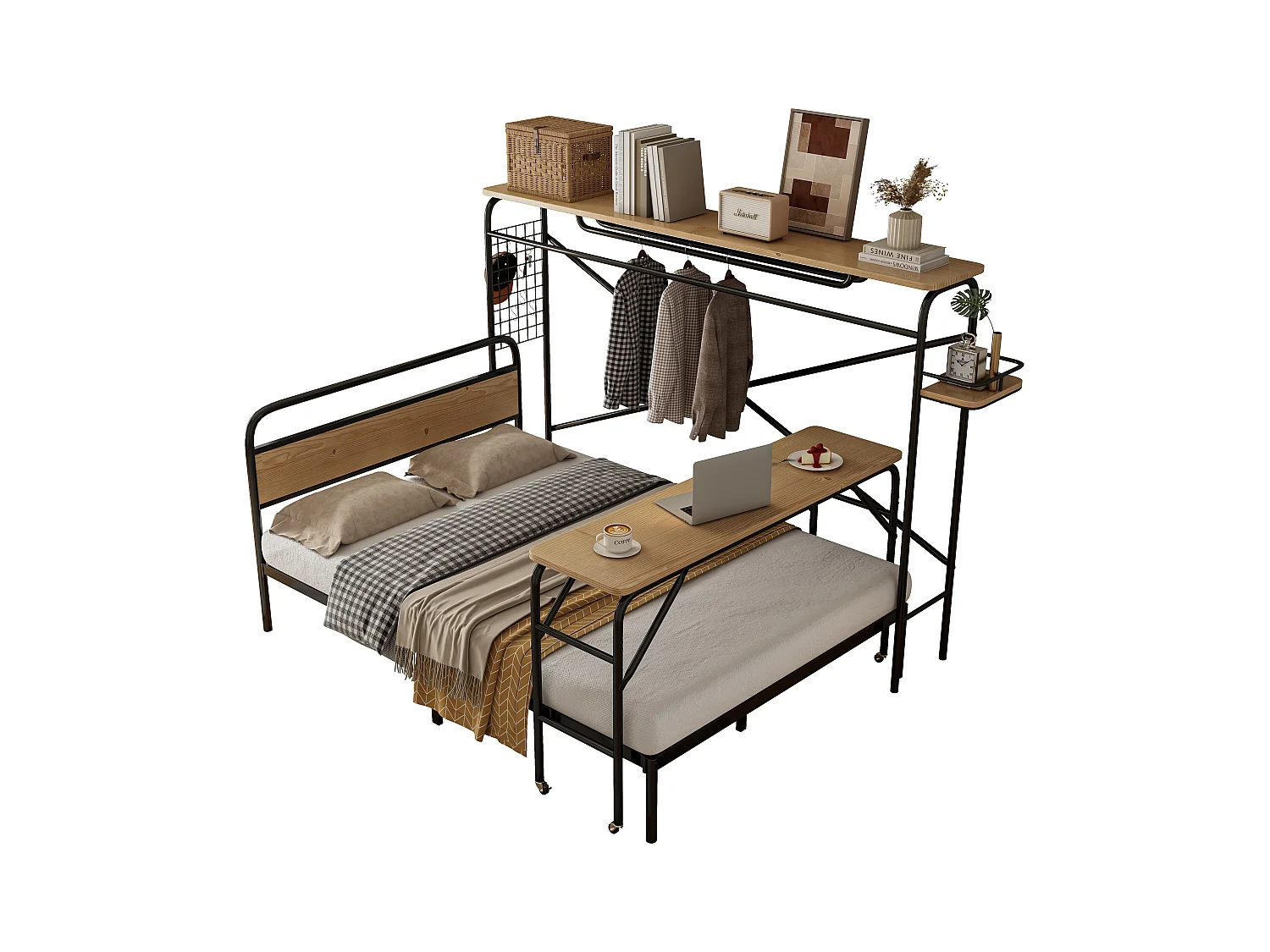 Lit métal, lit plat + table + porte-manteau vertical, table avec roulettes, mobilier complet pour chambre, cadre métallique, MDF, Noir + Nature, 140x200cm