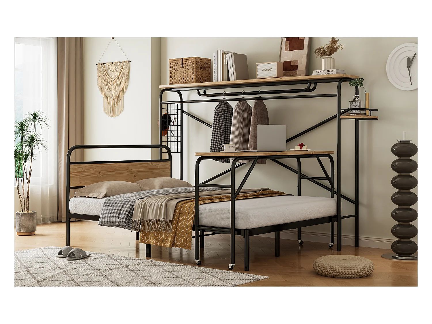 Lit métal, lit plat + table + porte-manteau vertical, table avec roulettes, mobilier complet pour chambre, cadre métallique, MDF, Noir + Nature, 140x200cm