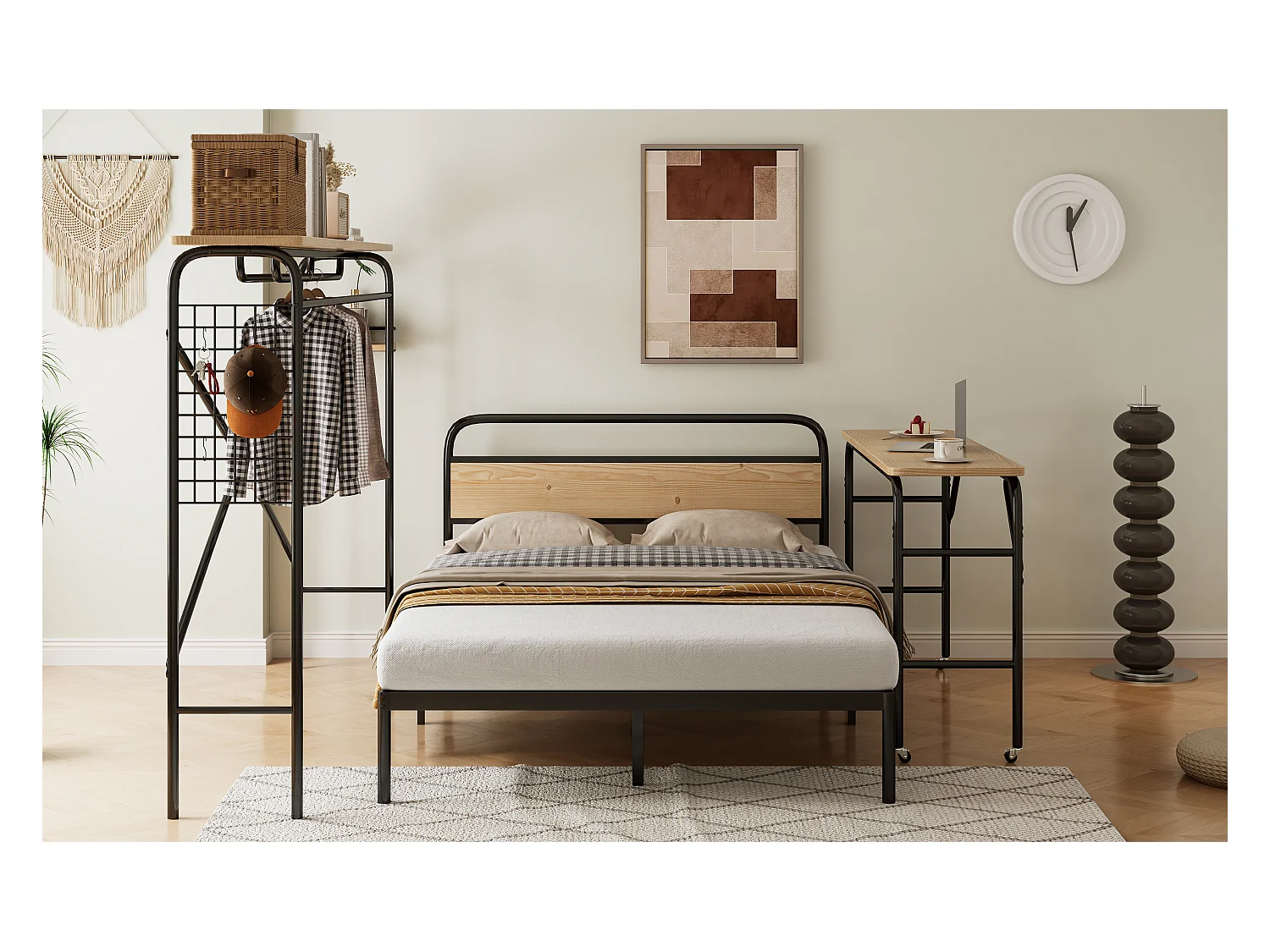 Lit métal, lit plat + table + porte-manteau vertical, table avec roulettes, mobilier complet pour chambre, cadre métallique, MDF, Noir + Nature, 140x200cm