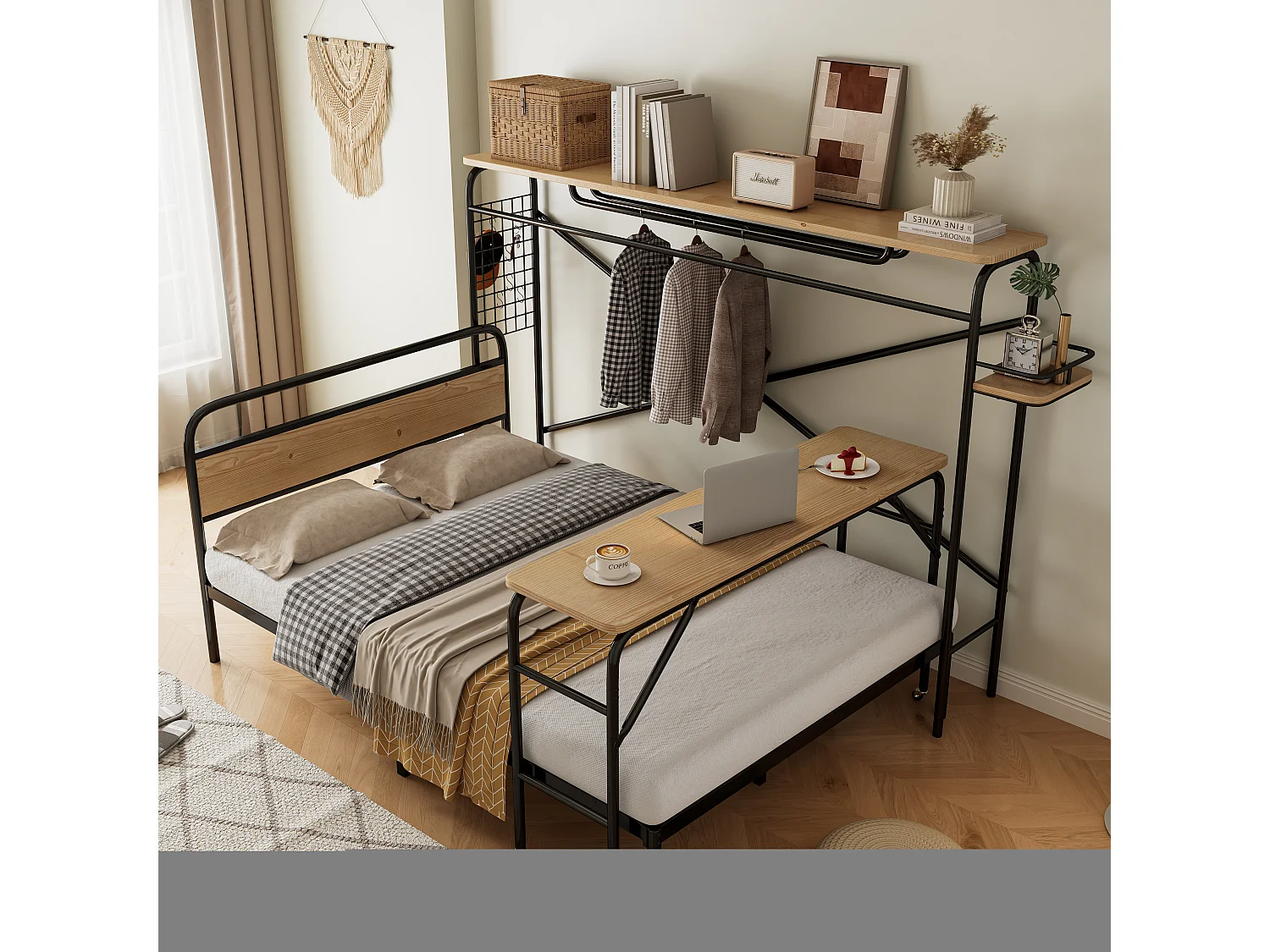 Lit métal, lit plat + table + porte-manteau vertical, table avec roulettes, mobilier complet pour chambre, cadre métallique, MDF, Noir + Nature, 140x200cm