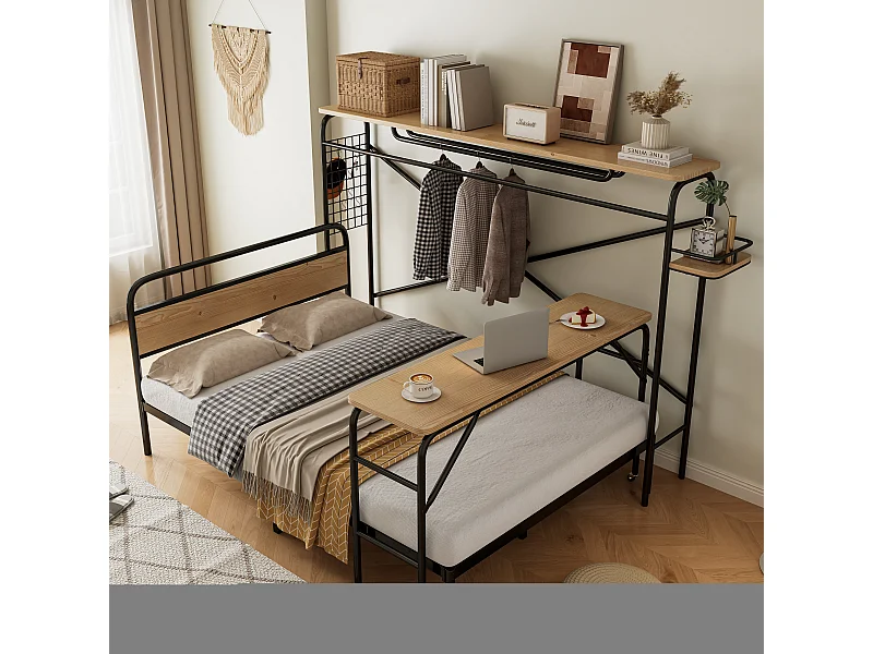 Metalen bed, vlak bed + tafel + verticale kapstok, tafel met wielen, compleet slaapkamermeubilair, metalen frame, MDF, Zwart + Natuur, 140x200cm