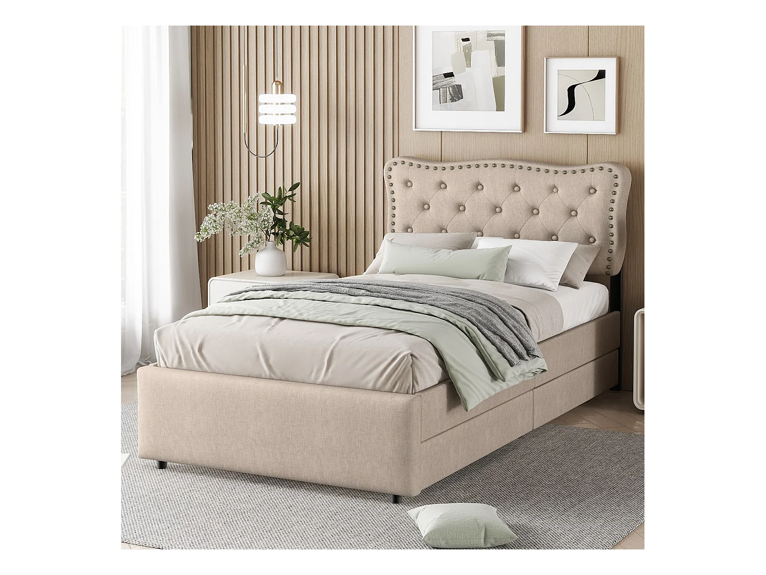 Vlak bed 90x200 cm, gestoffeerd bed met twee opberglades, stof met decoratieve spijkers, beige (203x90x111,5 cm)