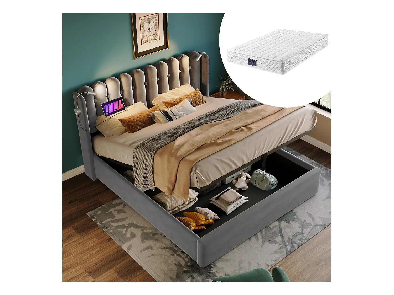 Letto matrimoniale con luce di lettura e funzione di ricarica USB, struttura con contenitore in velluto grigio (165x206x103cm)
