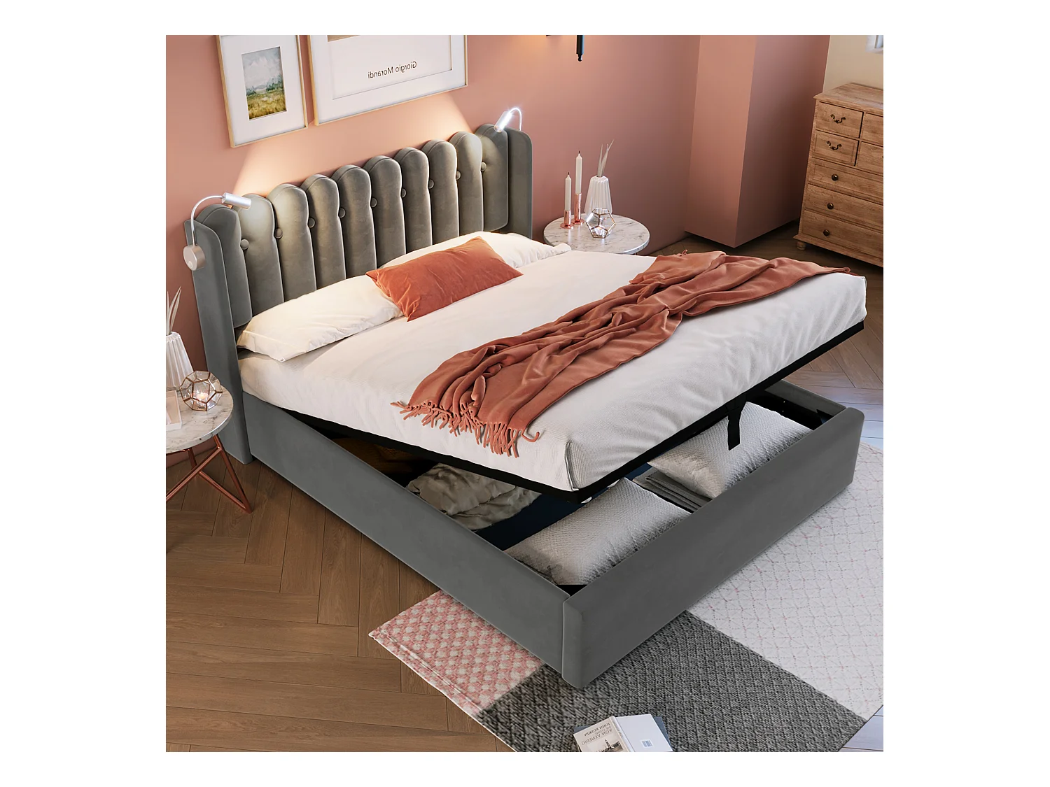 Letto matrimoniale con luce di lettura e funzione di ricarica USB, struttura con contenitore in velluto grigio (165x206x103cm)