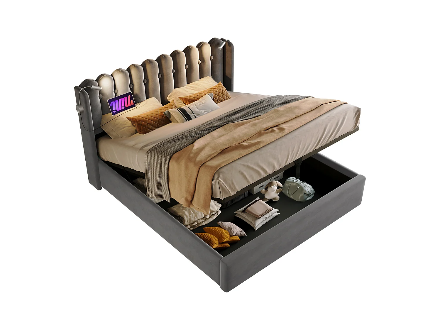 Letto matrimoniale con luce di lettura e funzione di ricarica USB, struttura con contenitore in velluto grigio (165x206x103cm)