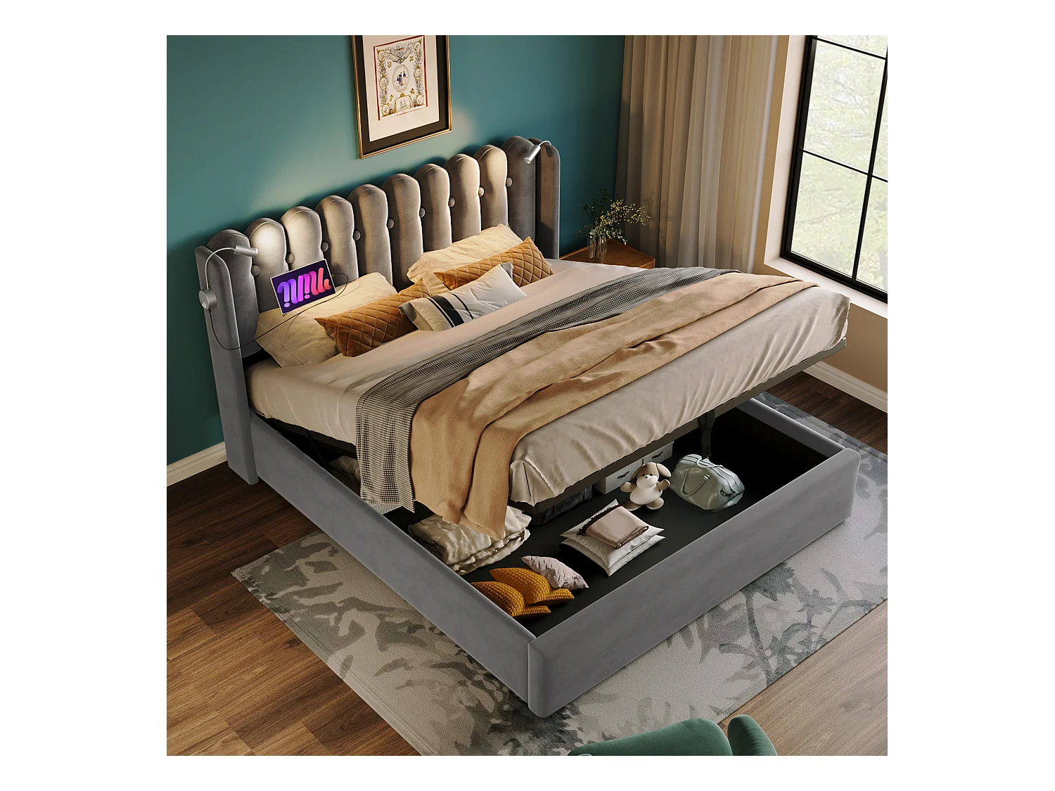 Letto matrimoniale con luce di lettura e funzione di ricarica USB, struttura con contenitore in velluto grigio (165x206x103cm)
