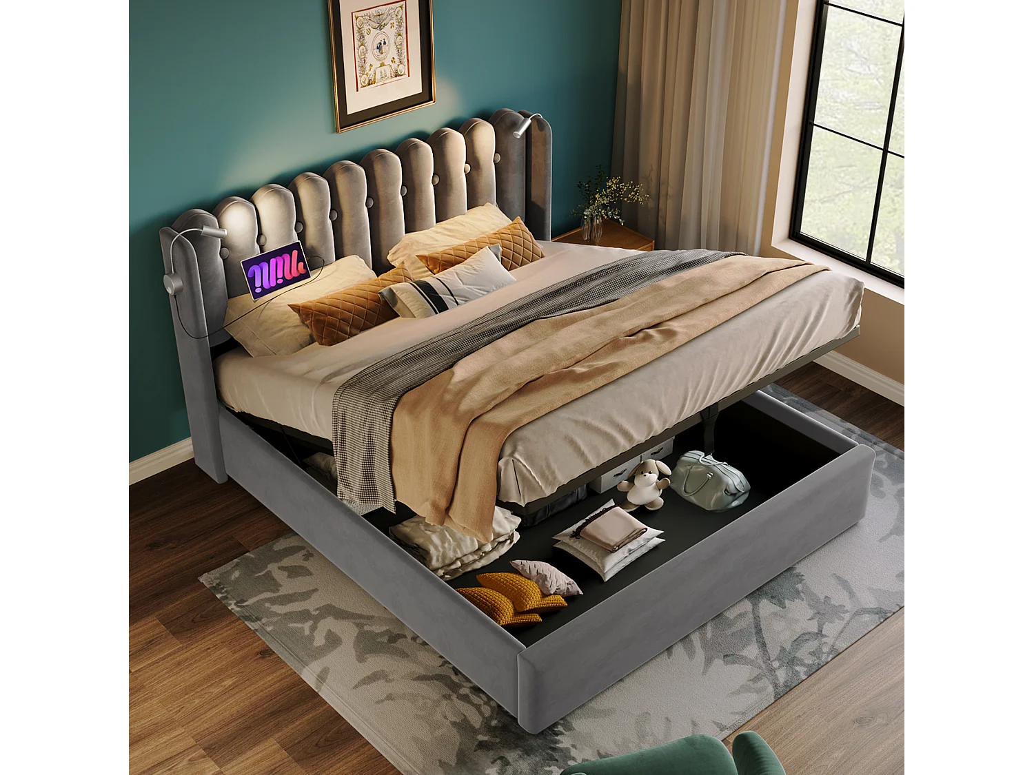 Lit double avec liseuse et fonction chargeur USB, cadre avec rangement en velours gris (165x206x103cm)