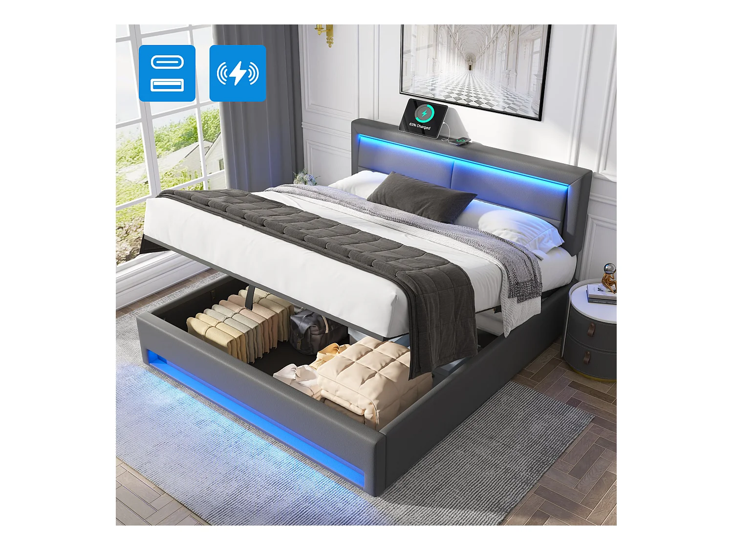 Lit rembourré 140x190 cm, avec port USB, LED et espace de rangement, PU-Litschi, gris (sans matelas)