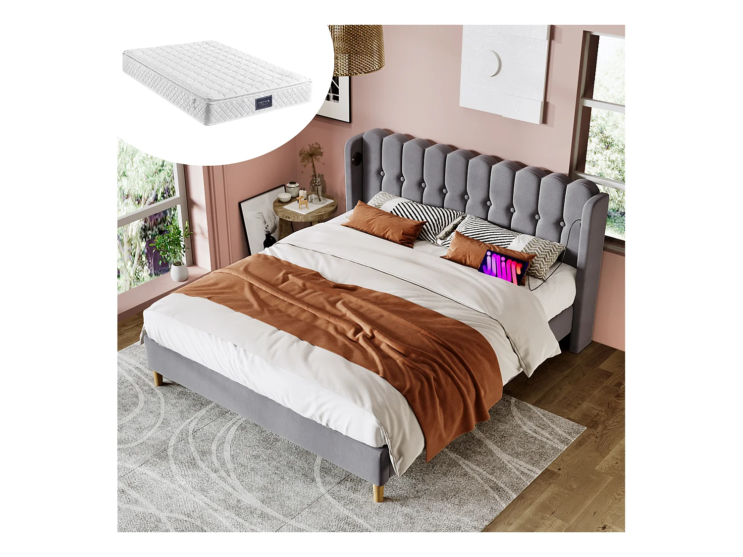 Lit double avec fonction charge USB Type C, cadre en lin gris, sommier bois, 160x200cm