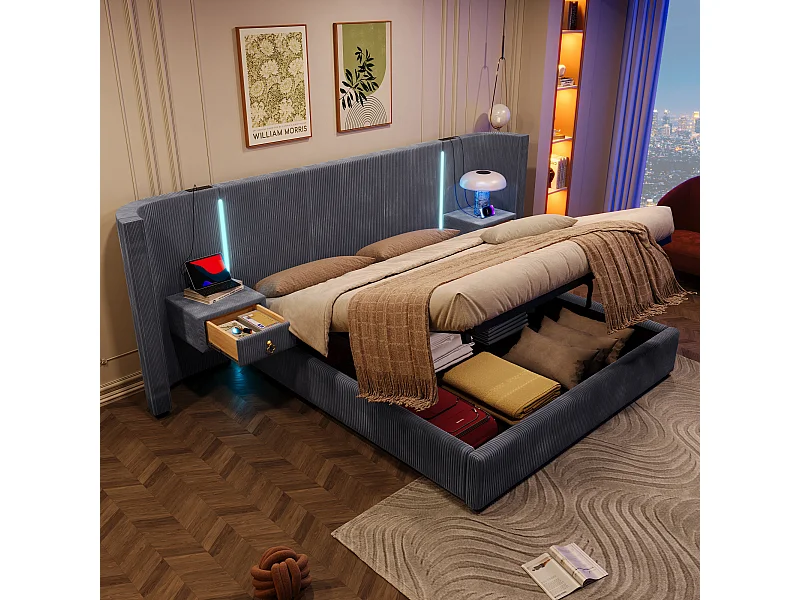 Letto con contenitore idraulico, 180x200 cm, con LED, 2 cassetti, USB e Type-C, Velvet, Grigio (206,5x295x110 cm)