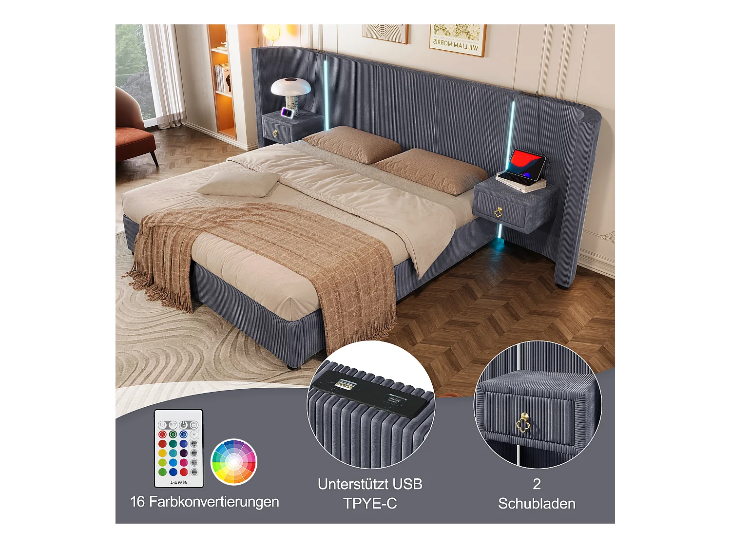 Bed met hydraulische opbergruimte, 180x200 cm, met LED, 2 lades, USB en Type-C, Fluweel, Grijs (206,5x295x110 cm)