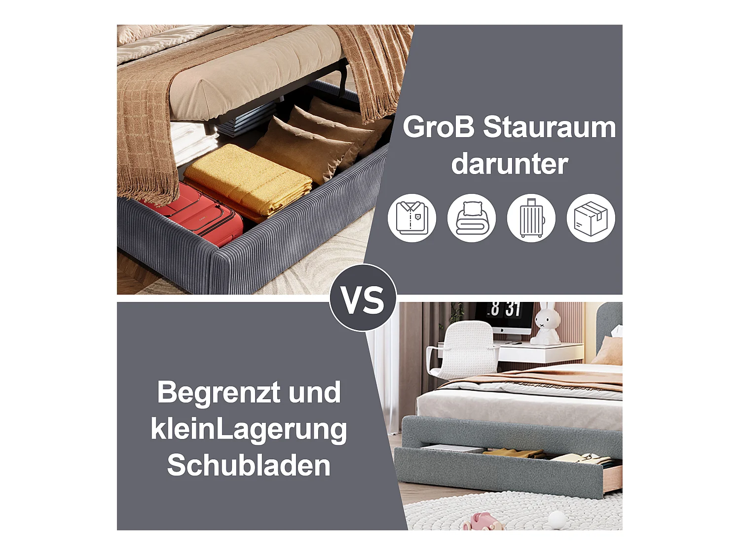 Bed met hydraulische opbergruimte, 180x200 cm, met LED, 2 lades, USB en Type-C, Fluweel, Grijs (206,5x295x110 cm)