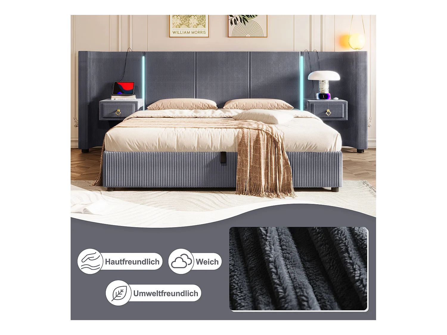 Bed met hydraulische opbergruimte, 180x200 cm, met LED, 2 lades, USB en Type-C, Fluweel, Grijs (206,5x295x110 cm)