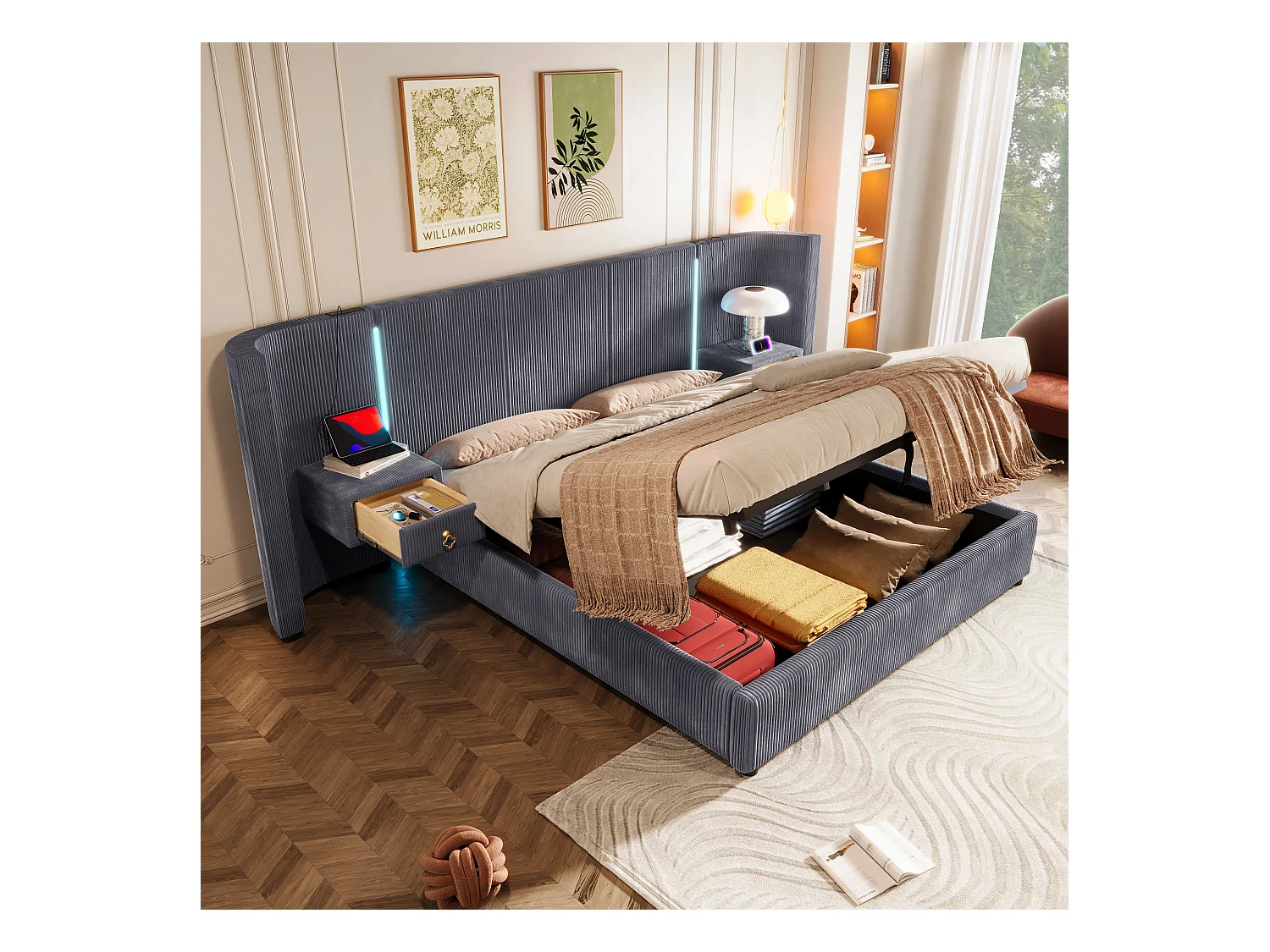 Bed met hydraulische opbergruimte, 180x200 cm, met LED, 2 lades, USB en Type-C, Fluweel, Grijs (206,5x295x110 cm)