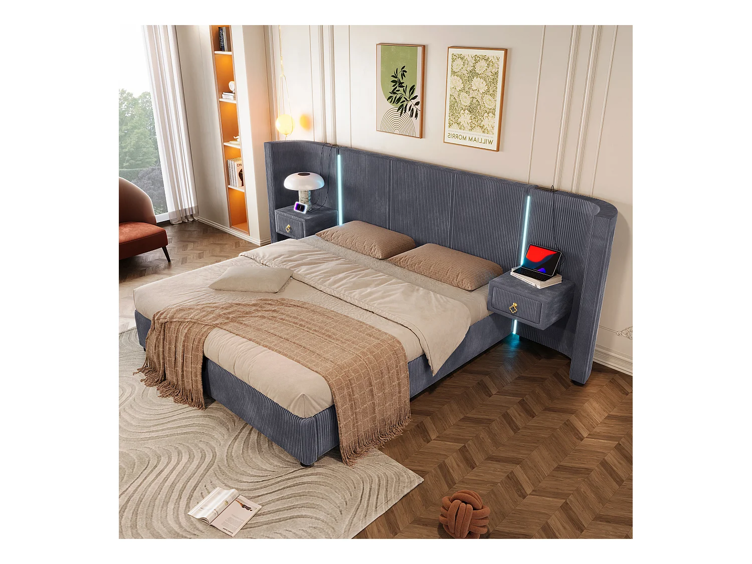 Bed met hydraulische opbergruimte, 180x200 cm, met LED, 2 lades, USB en Type-C, Fluweel, Grijs (206,5x295x110 cm)