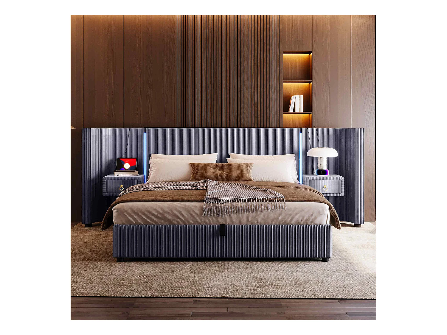 Bed met hydraulische opbergruimte, 180x200 cm, met LED, 2 lades, USB en Type-C, Fluweel, Grijs (206,5x295x110 cm)